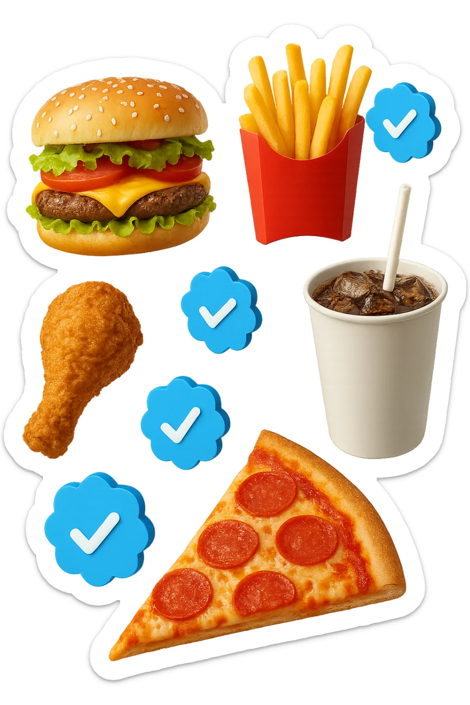 fast food realistico fluttua in aria insieme a spunte di verificato in 3d sticker
