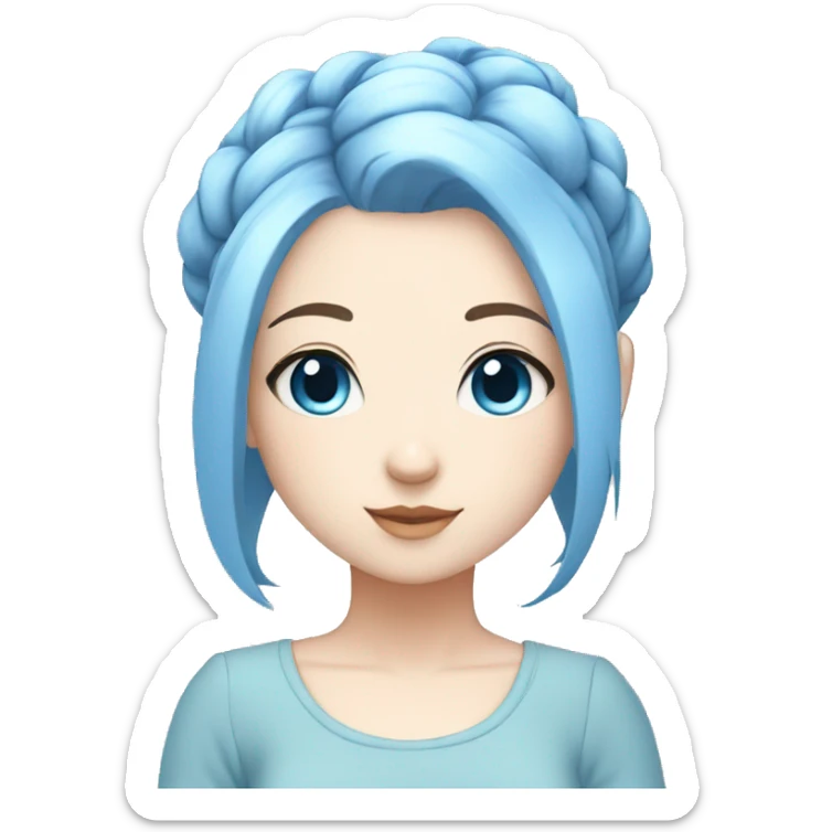 A chibi girl with pale skin, blue hair, light blue eyes, two bun hair, and blue clothes sticker