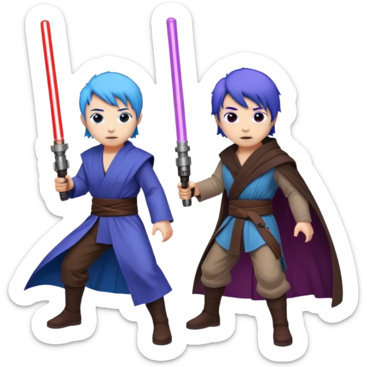 one blue haired jedi with purple lightsaber vs dark brown hair jedi with red lightsaber emoji sticker