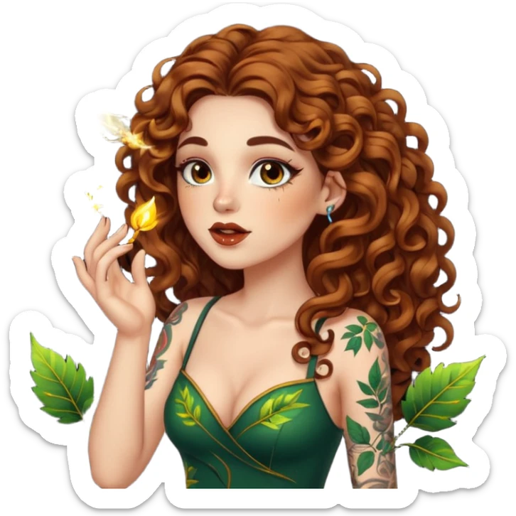 full body view of a woman with long curly brown hair, brown eyes, white skin, tattoos, blowing a glowing kiss made of leaves and sparks sticker