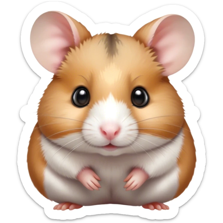 Cinematic Noble Brown and White Banded Hamster Portrait Emoji, Poised and regal, with a tiny, compact build and a uniquely patterned coat of warm brown and crisp white bands, deep-set soulful dark eyes, Simplified yet sharp and sophisticated features, highly detailed, glowing with a soft, dignified glow, high shine, intelligent and charming, stylized with an air of distinctive elegance, focused and attentive, soft glowing outline, capturing the essence of a watchful and confident rodent, so majestic it feels as though it could scurry out of the screen with effortless authority! sticker