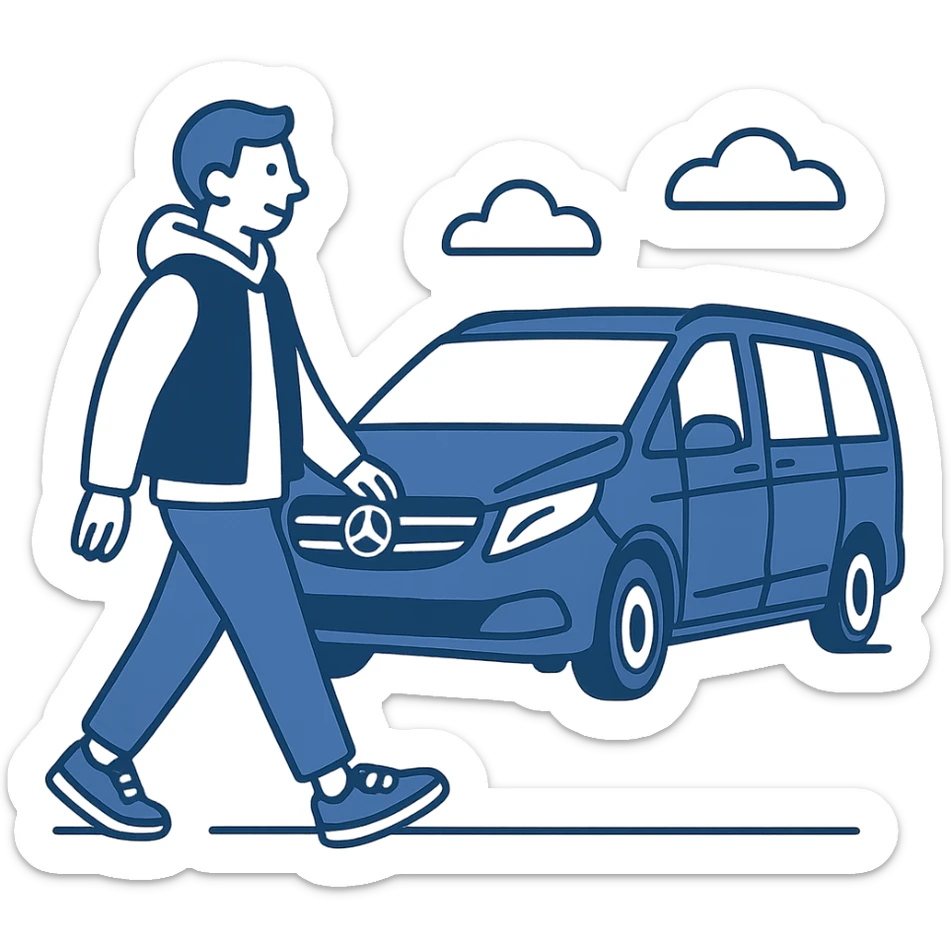 minimal flat icon style of a guy in a white hoodie, black vest, and sneakers, walking past a black Mercedes V-Class van sticker