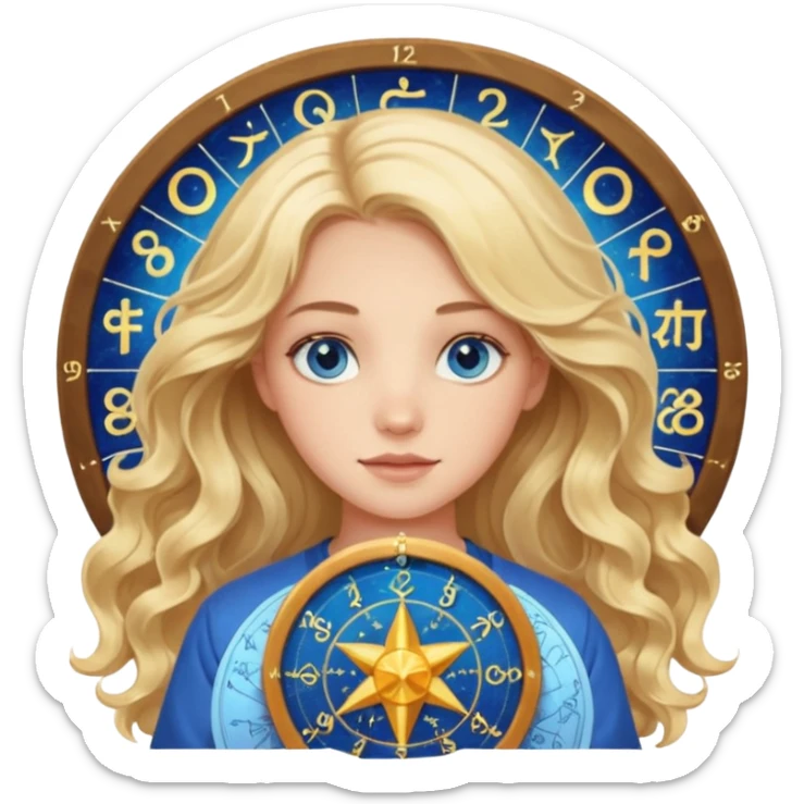 A long wavy haired blonde girl with blue eyes holding a astrology natal chart. sticker