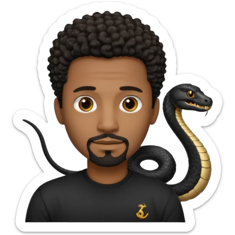 Homme noir de peau,  yeux marron avec un bouc sans la moustache, cheveux noir court et bouclé crépus avec un dégradé sur le côté, avec un cobra à côté , t-shirt noir  sticker