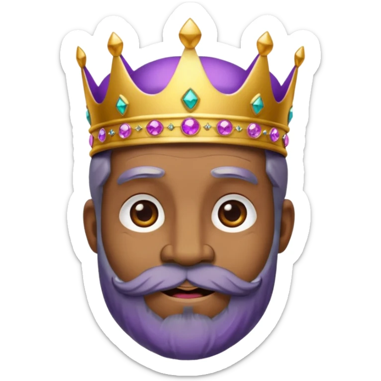 Create a cartoon-style emoji of Baltasar, one of the Three Wise Men. Only show his face and crown. He is older, with a black beard, joyful wrinkles, and a purple and gold jeweled crown. Express warmth and wisdom. Colorful and simple, suitable as an emoji. sticker