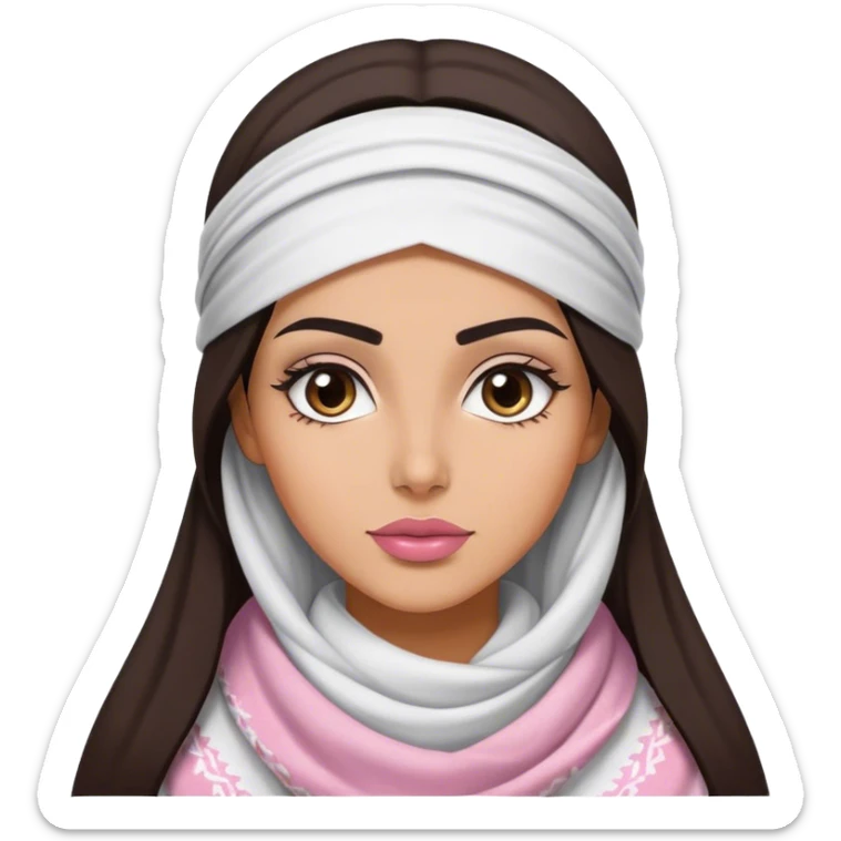 A woman with long, dark hair wears a traditional white keffiyeh, her makeup is well done, with defined eyebrows and soft pink lips  sticker