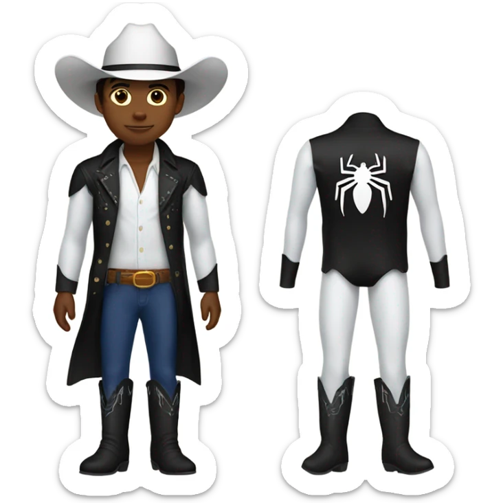 Kid with brown hair wearing black cowboy boots with white cowboy hat and Spider-Man pajamas  sticker