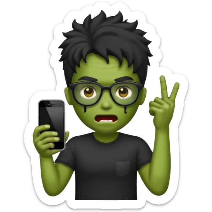 Crie um zumbi estilo emoji do iPhone com cabelo ondulado grande preto com camiseta preta e óculos de grau preto sticker
