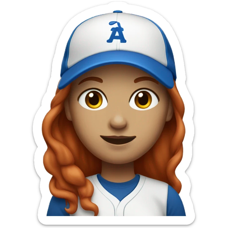 front facing standing female coach with long red hair, wearing a white t-shirt and a simple baseball blue hat sticker