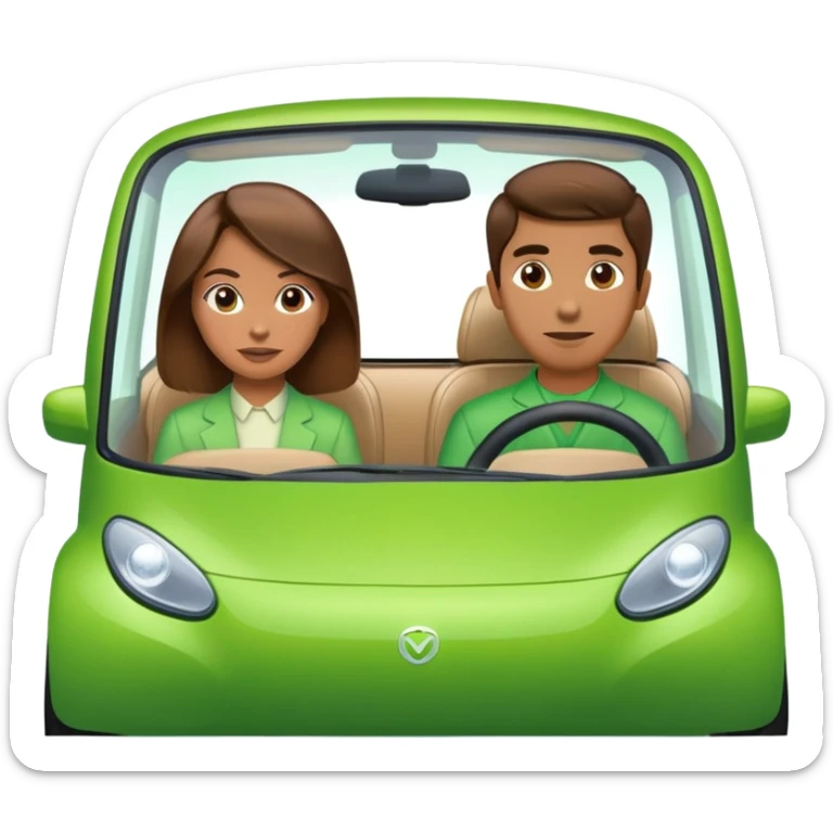 Brown haired man and a brown haired woman riding in a green electric car sticker