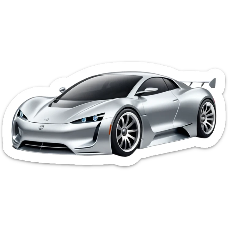 A low-profile futuristic car emoji made of polished silver chrome, wide body stance, smooth aerodynamic shape, glossy metallic surface, soft reflections, luxury swag aesthetic, minimal details, iOS emoji style, centered on clean white background, studio lighting sticker