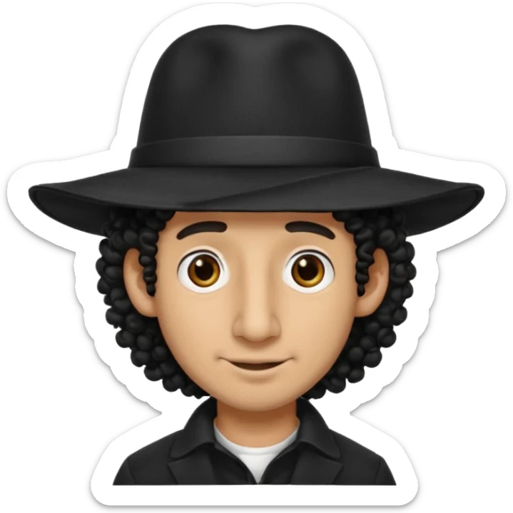 A man with a big nose and a black hat like a top hat but round and all black, with a strand of curly hair coming out from both sides of the hat sticker