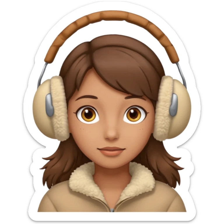 A girl wearing beige ear muffs, tan skin, brown hair, brown eyes sticker