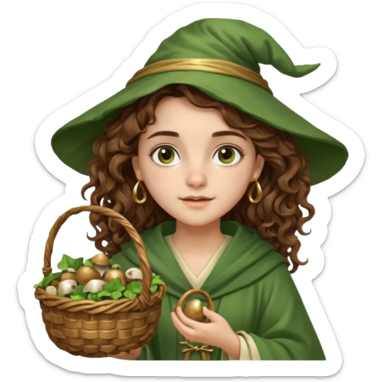 very beautiful italian girl, looking like Emma Watson, with curly and big volume very bright brown hair, and a golden piercing ring in nose on left side, dressed in a beautiful wizard robe of green colors, with basket of mushrooms sticker