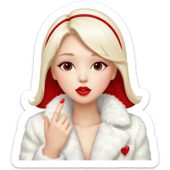 A beautiful, cute girl with red lipstick on her lips in a white fur coat,  in full view, blowing a kiss. sticker