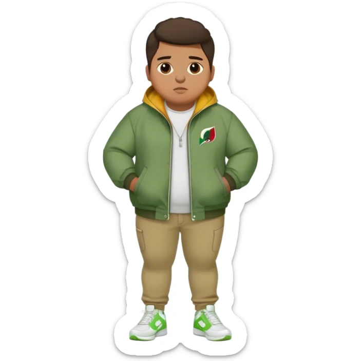 Fat mexican teen with green jacket, skinny khaki jeans, and white nikes sticker