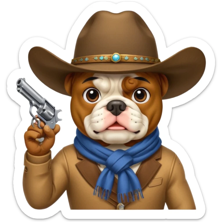 A bulldog wearing a cowboy hat, covering his face with a scarf so he wouldn't be recognized, pointing a revolver at you, telling you to hand over your money. sticker