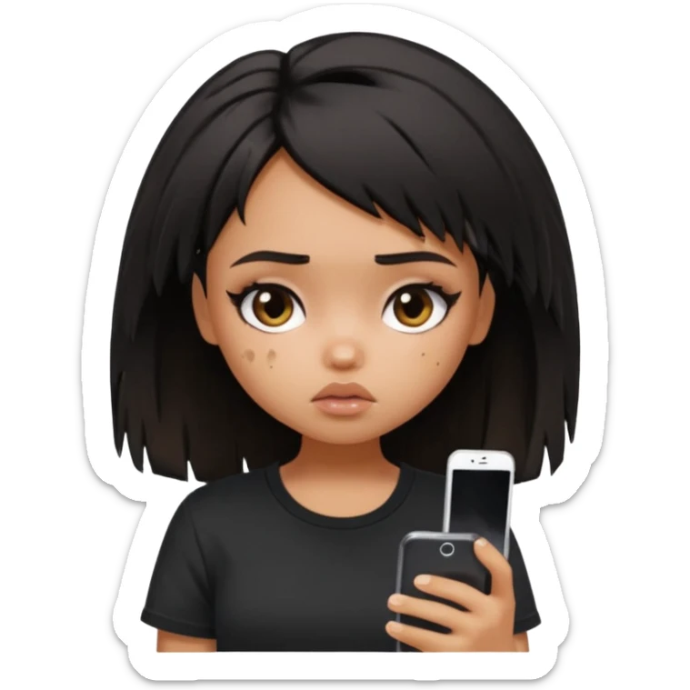generate a pretty bratz girl with short black very messy dirty hair, looking tired and using her phone, wearing an oversized black tshirt sticker