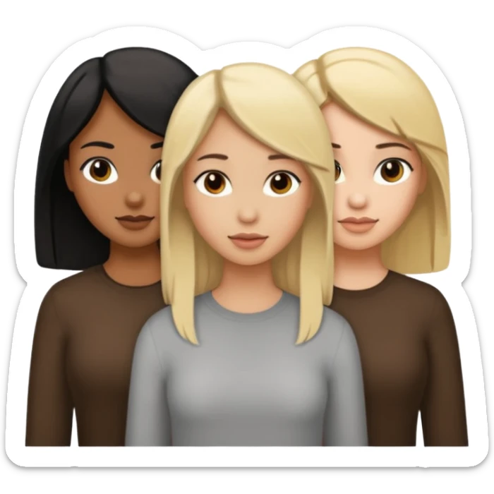 3 girls. 1 light skin with blonde hair, 1 brown skin with black hair and 1 tan skin with brown hair sticker