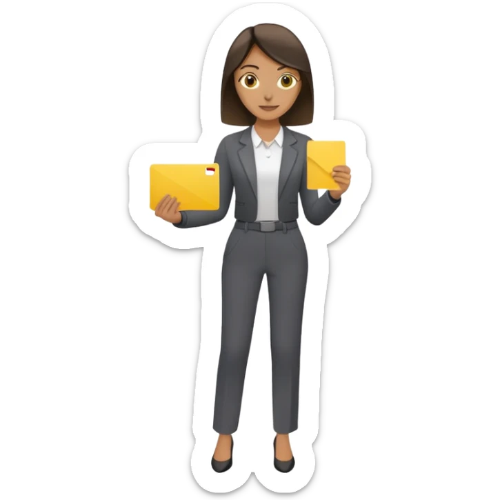 Woman in dark grey trousers holding a yellow card in one hand sticker