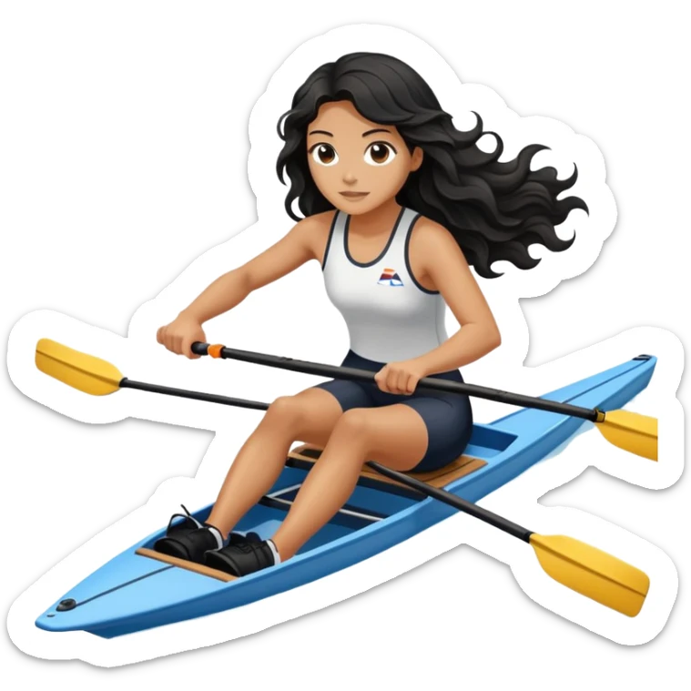 girl with long black wavy hair rowing in Olympic rowing sport, distant view sticker