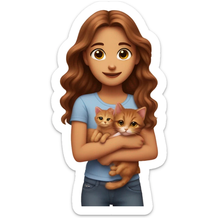 A girl with long wavy brown hair and brown eyes holds a small red kitten sticker