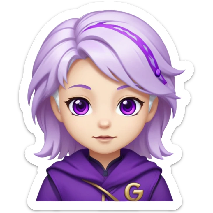 Chibi Sable Ward with playful wink, white hair with purple streaks, fully purple eyes, with small GG text appearing beside her sticker