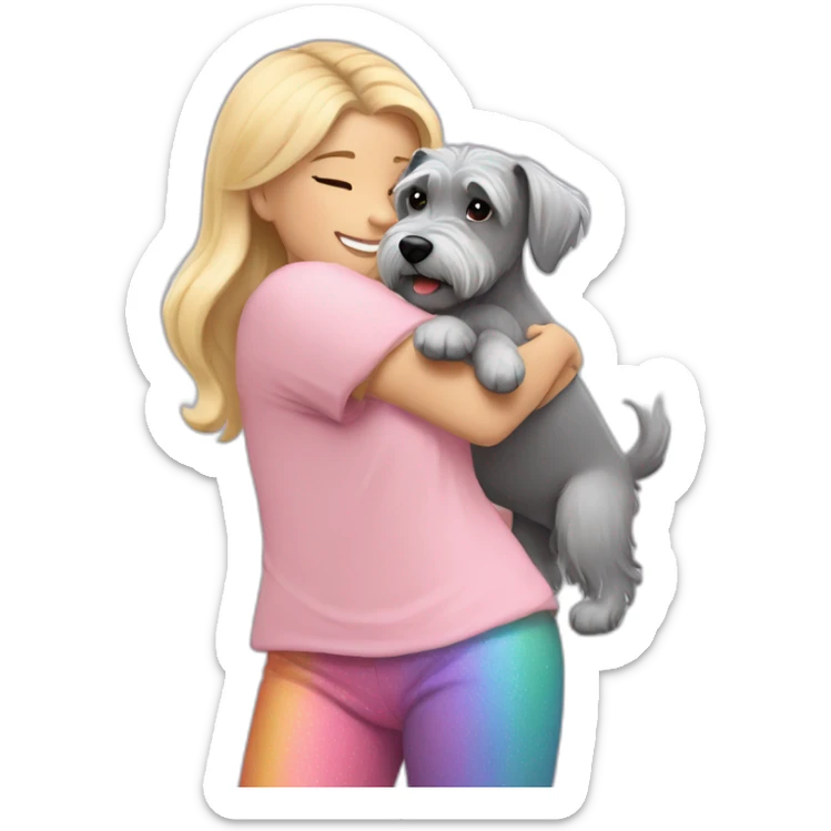 A girl with blonde hair in a light pink T-shirt and rainbow leggings hugs a gray Schnauzer dog sticker