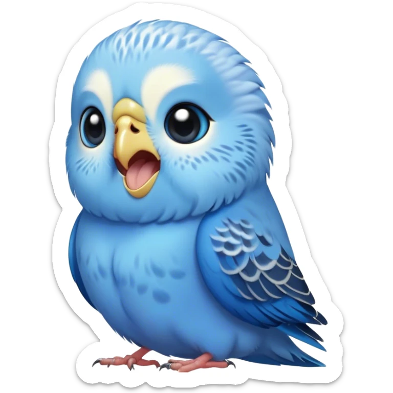 Cinematic Cute Yawning Blue Budgie Portrait Emoji, Head tilted slightly with a dramatic, wide-open yawn, showcasing a soft, downy blue feathered fur with gently drooping wings, round dark eyes barely open in drowsy contentment, Simplified yet irresistibly adorable features, highly detailed, glowing with a soft, cozy glow, high shine, relaxed yet expressive, stylized with a touch of whimsy, bright and endearing, soft glowing outline, capturing the essence of a sleepy yet affectionate budgie, so drowsy it feels like it could stretch out of the screen and curl up for a nap! sticker