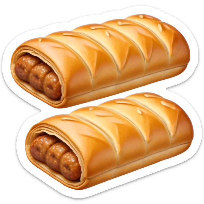 cinematic-realistic-sausage-roll-dish-emoji,-depicted-with-a-crisp,-golden-pastry-wrapped-around-flavorful-sausage,-rendered-with-detailed-textures-sitting ona.     plastic wrapper unrapped  sticker