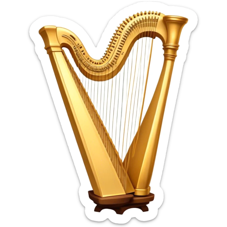 Cinematic Realistic Harp, a grand golden harp with intricately carved details, delicate strings shimmering under soft candlelight, rich wood tones adding warmth, a musician’s gentle fingers plucking a note, glowing with an ethereal and majestic aura. sticker