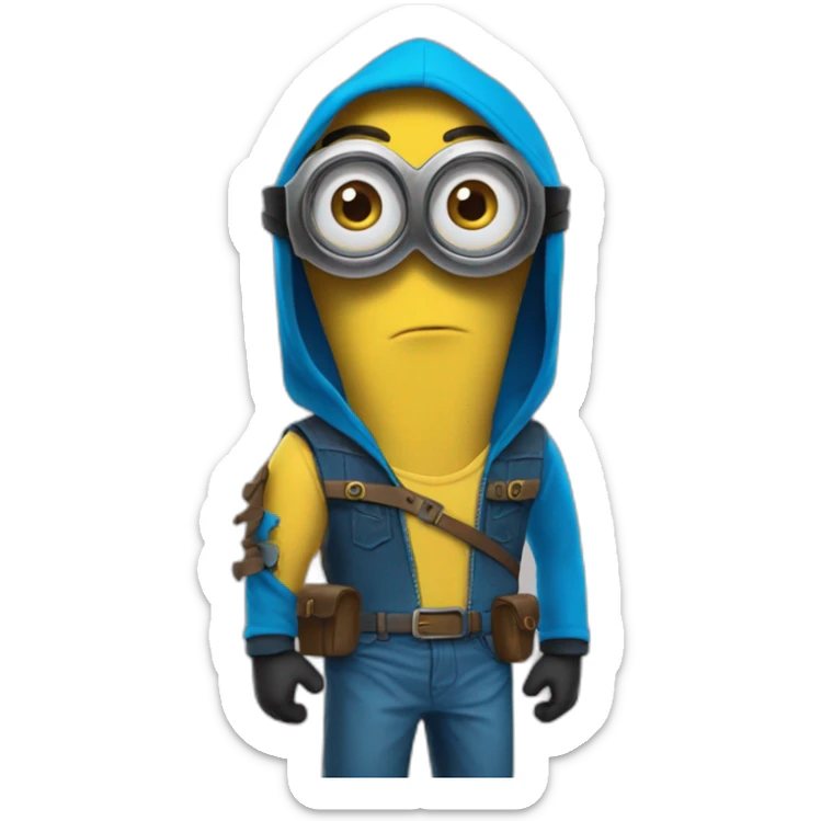 minion blue hood blue shirt gray pants with gold insert belt leather shoes black mask three stripes claw marks glasses angry glance sticker