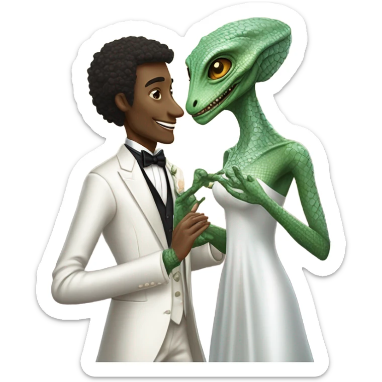 Alien reprilian woman in wedding dress and one humman man in a tuxedo holding hands getting married sticker