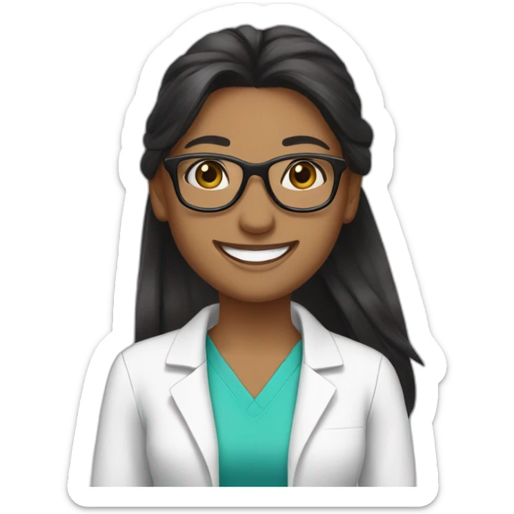 Pharmacist brown skin, long straight pony tail black hair, glasses and a big smile, femail sticker