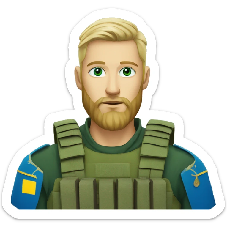 ukrainian military blonde man with a beard with green eyes with blue viking paint on the face  sticker