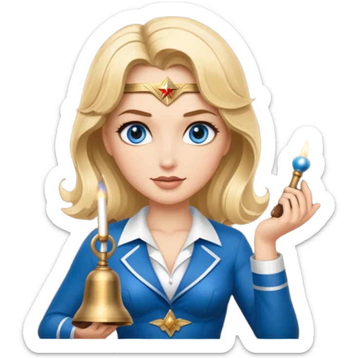 Blonde blue eyes Wonder Woman holding bell and short white orchestra conductor’s baton  sticker