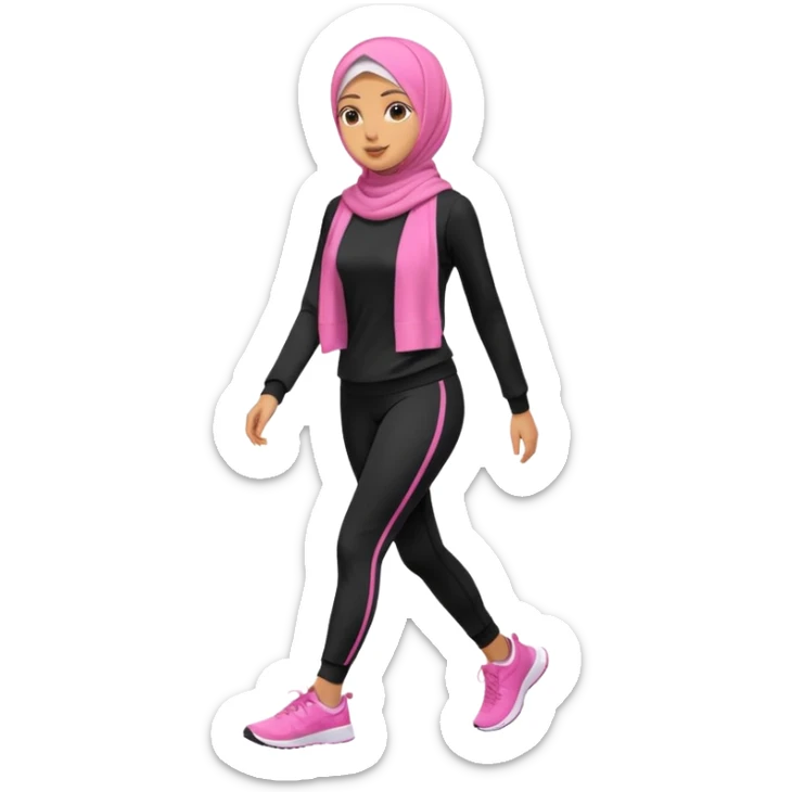 tan skin, hijabi young women in pink hijab, going for walk in black active wear clothing full body, walking  sticker