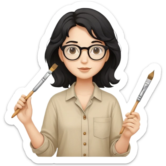 Artist with wavy black hair, round glasses, beige painter's shirt, square paintbrush in hand sticker