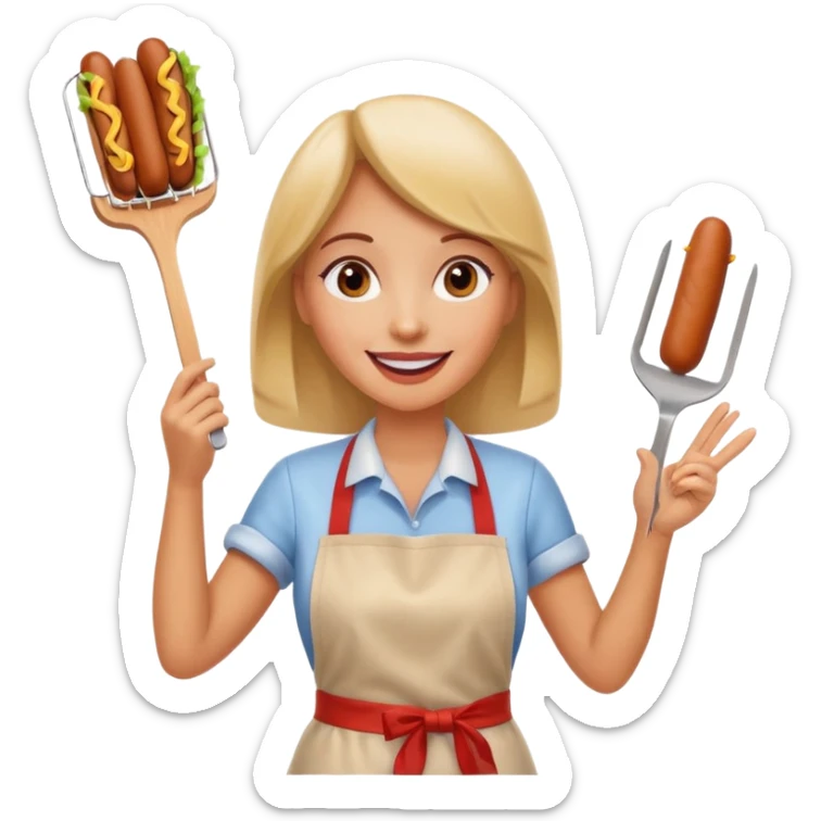 A cheerful woman selling hotdogs, waving a tongs in one hand. sticker