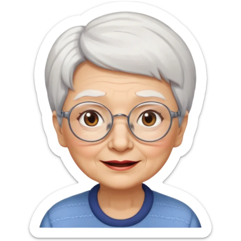 Create me emoji of an old lady. Short white hair to left side. Square glasses. Brown eyes. Rounded really big and wide face. Wide nose. Big mounth sticker