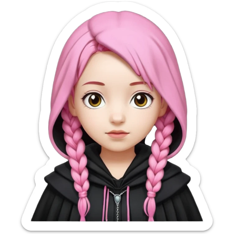 pink braids hair kid girl, white skin, wear black cloak sticker