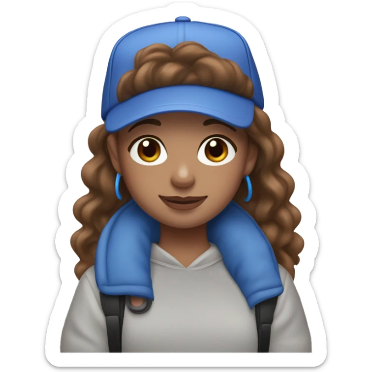girl with wavy brown hair , blue eyes , light skin wearing blue  AirPods Max and blue cap sticker