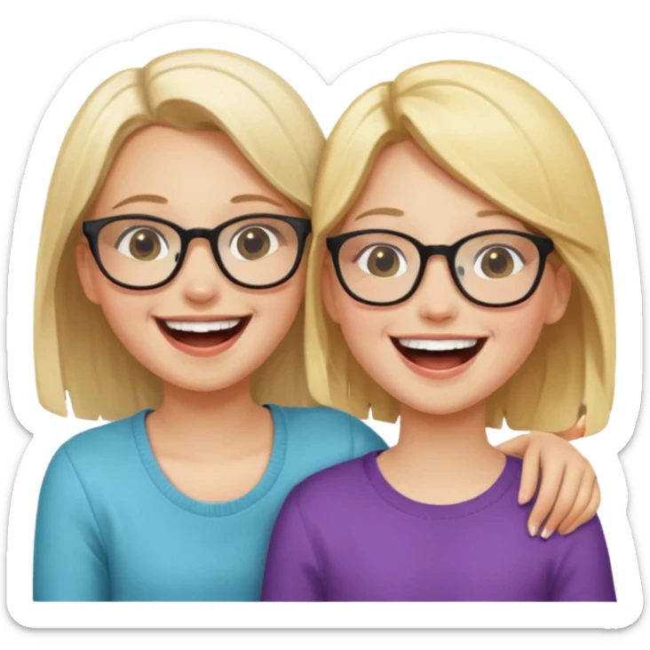 two girls laughing and having fun one on the left is blonde and cute the one on the right is cute with glasses sticker
