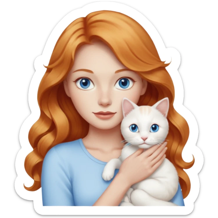 Long wavy strawberry blonde blue eyes woman with a white cat with blue eyes sticker