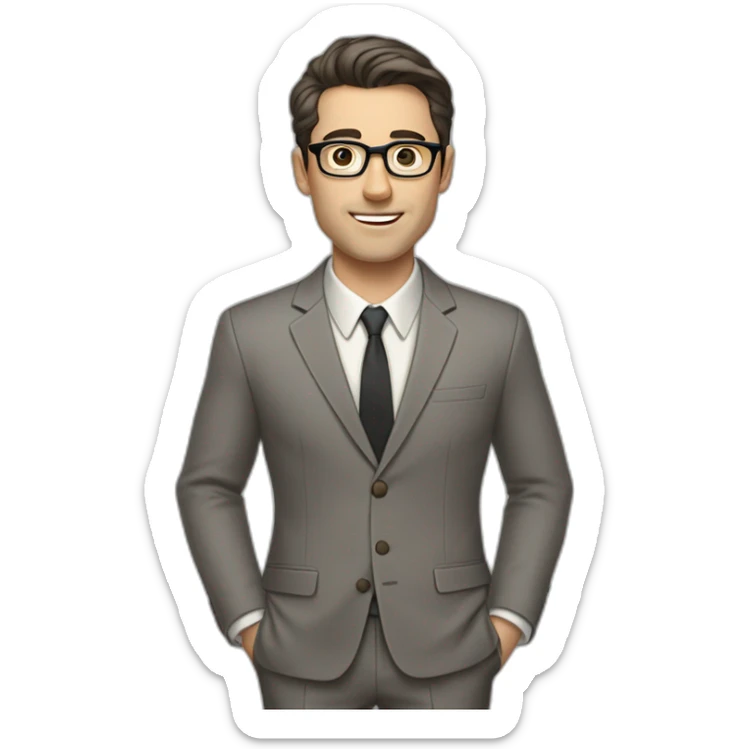 Full height Pale skinned Fit Man With dark brown hair in classic gray suit, beige office shirt, dark gray tie, and vintage glasses. His right hand stretched out sticker