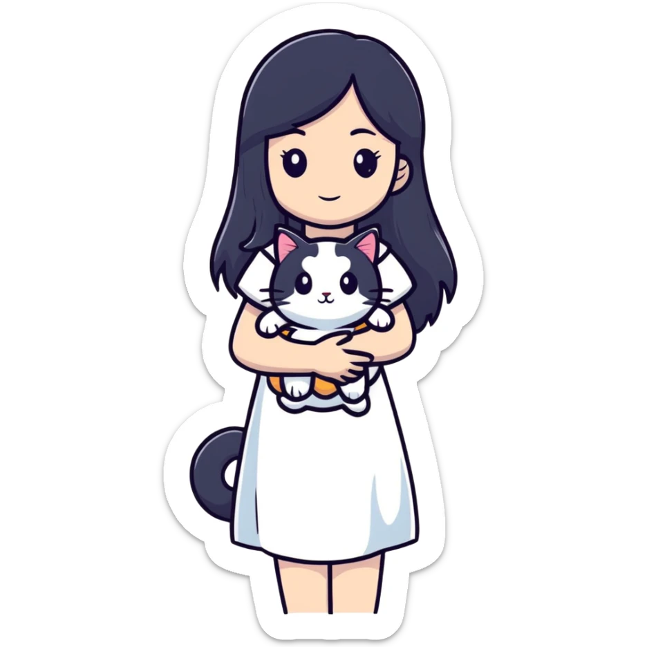 beautiful girl with long black hair wearing a white dress holding a cat in her arms sticker