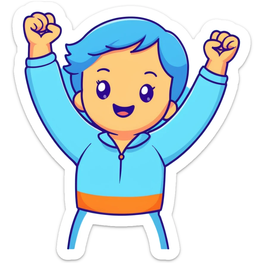 girl wearing pastel blue clothes with arms raised in joy making a hurray celebration gesture sticker