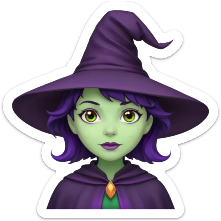 Halloween witch with purple witch hat and black short wavy witch hair
, green skin. sticker