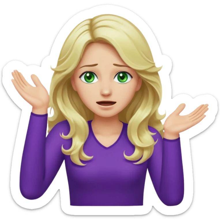 lady with long wavy blonde hair, purple top, green eyes, throwing her hands in the air crying sticker