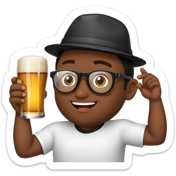 criar emoji de homem loiro com óculos escuros pretos esportivos, lata de cerveja na mão e boné preto na cabeça sorrindo sticker